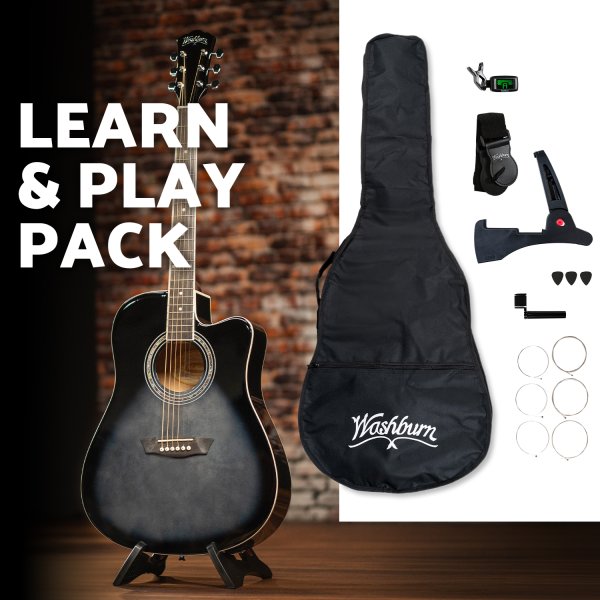 Washburn WA90CETBBPACK Learn & Play Pack Acoustic Electric Guitar Bundle. Transparent Black Burst